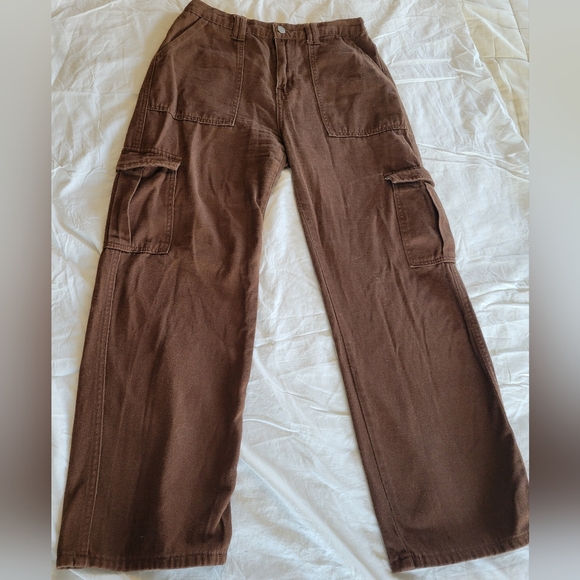 Brown Cargo Pants Small Cotton Utility Wide Leg Y2K Streetwear Size Medium - Picture 2 of 11